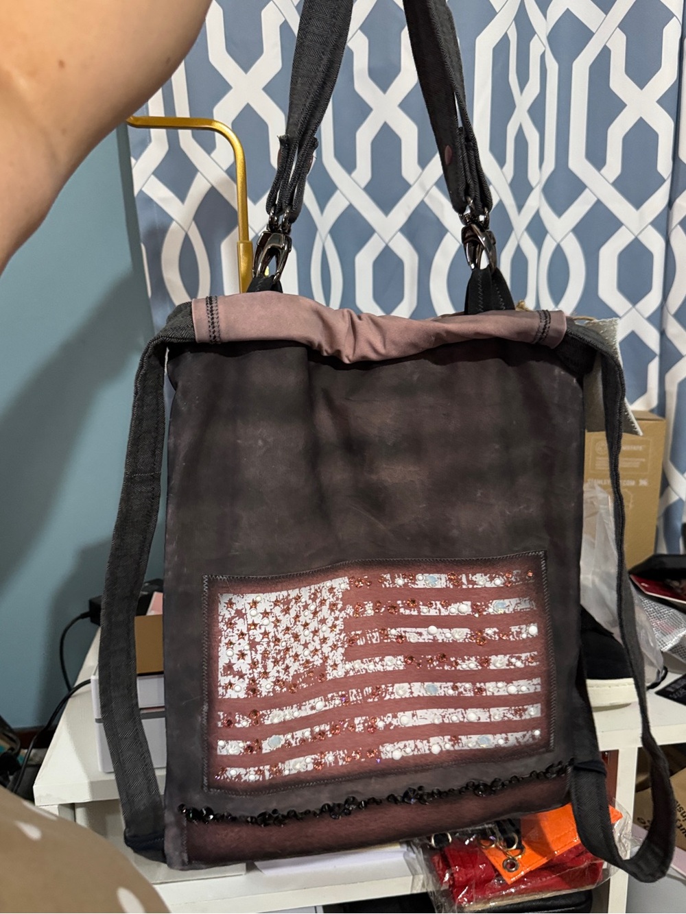 Women's Distressed Black Canvas Backpack Tote with Flag Patch crystals sparkly
